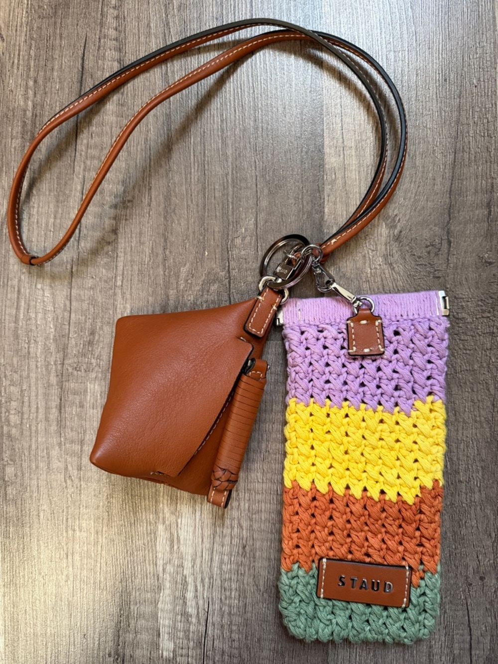 NWOT STAUD Multicolor Crochet Stripe Wristlet with Tan Leather Pouch